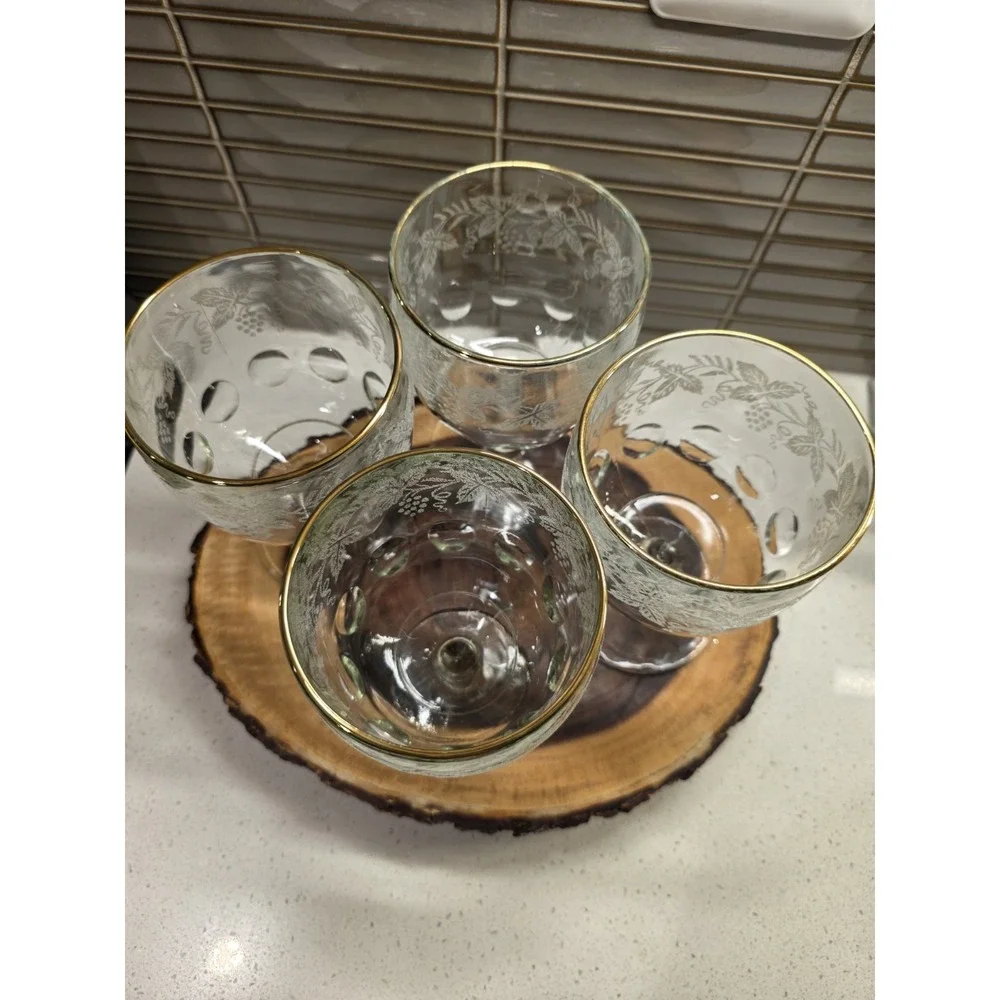 VTG Lot Of 4 Bartlett Collins Thumbprint Etched Grapes & Leaves Goblets 1940s